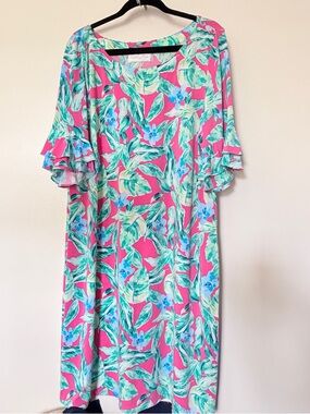 Tropical Pink Ruffle-Sleeve Midi Dress